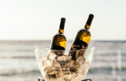 זוג בקבוקי יין לבן מוגשים לנוסף הים במסעדת פורט לוקאל ביסטרו